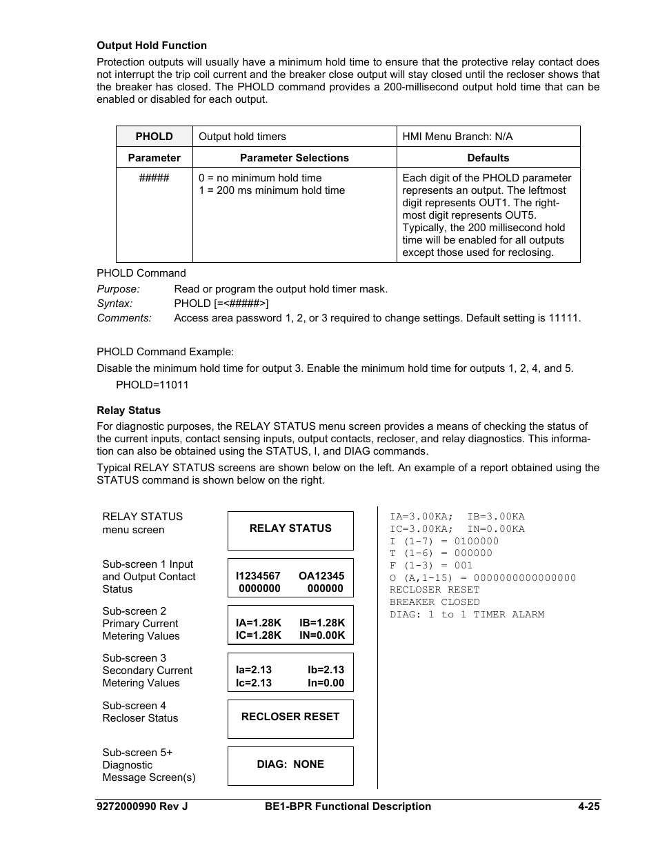 Output hold function, Relay status, Output hold function -25 | Relay status -25 | Basler Electric BE1-BPR User Manual | Page 77 / 182