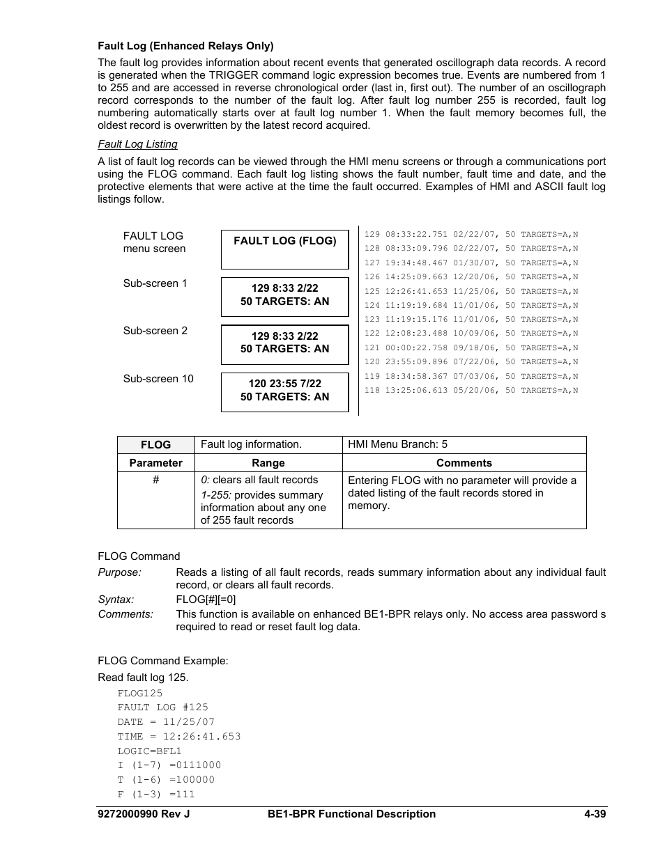 Fault log (enhanced relays only), Fault log listing, Fault log (enhanced relays only) -39 | Basler Electric BE1-BPR User Manual | Page 91 / 182