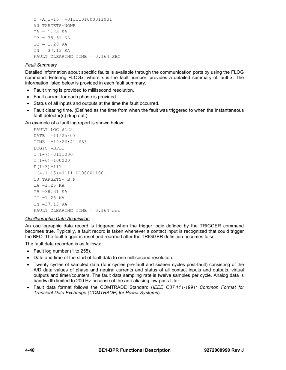 Fault summary, Oscillographic data acquisition | Basler Electric BE1-BPR User Manual | Page 92 / 182