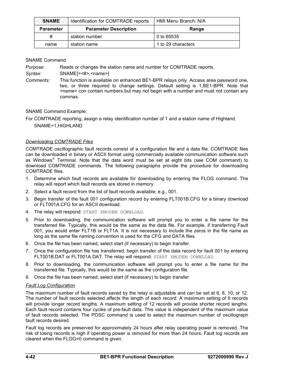 Downloading comtrade files, Fault log configuration | Basler Electric BE1-BPR User Manual | Page 94 / 182