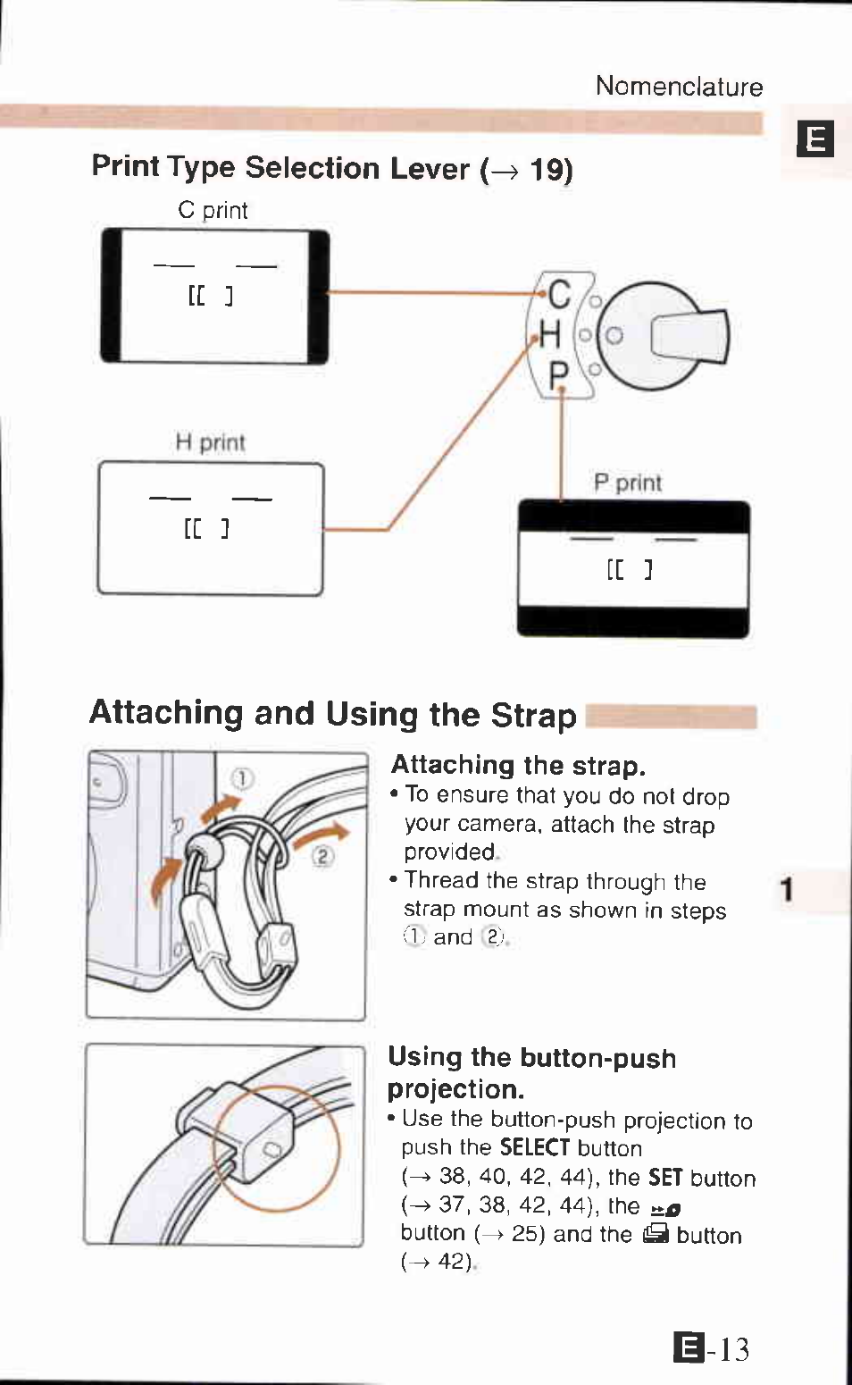 Attaching and using the strap, Attaching the strap, Using the button-push projection | Ii-13, Print type selection lever 19) | Canon IXUS Z65 User Manual | Page 13 / 54
