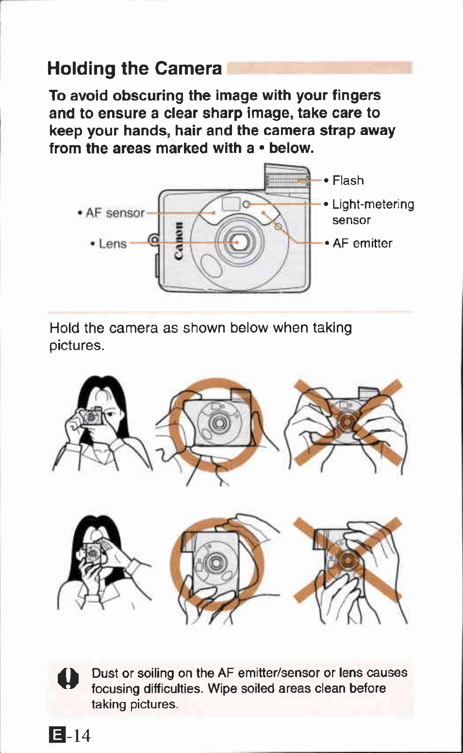 Holding the camera, B-14 | Canon IXUS Z65 User Manual | Page 14 / 54