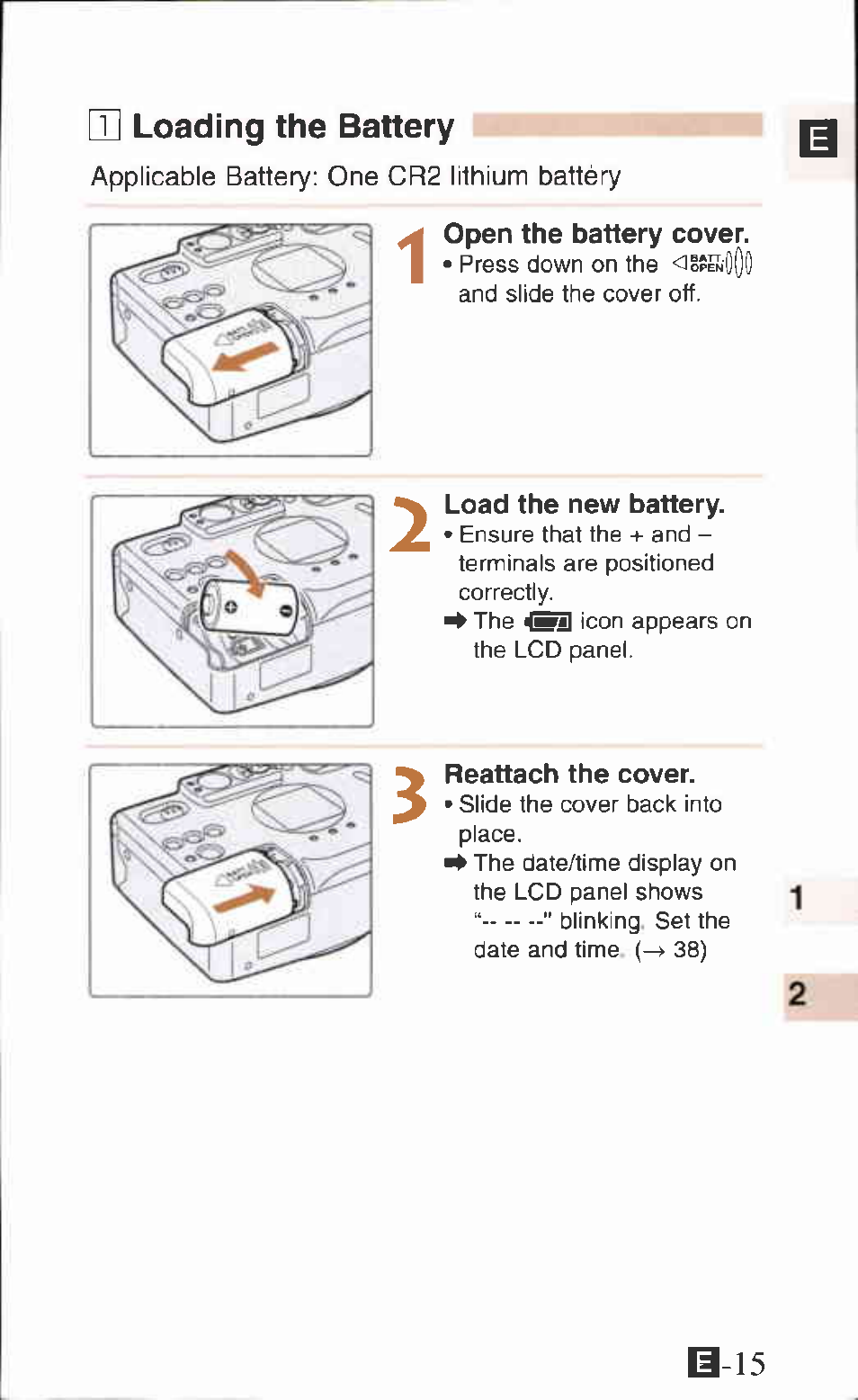 T] loading the battery, Open the battery cover, Load the new battery | Reattach the cover, D] loading the battery | Canon IXUS Z65 User Manual | Page 15 / 54