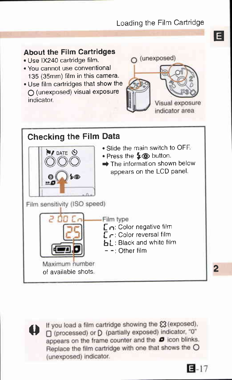 About the film cartridges, About the fiim cartridges, Checking the film data | Canon IXUS Z65 User Manual | Page 17 / 54