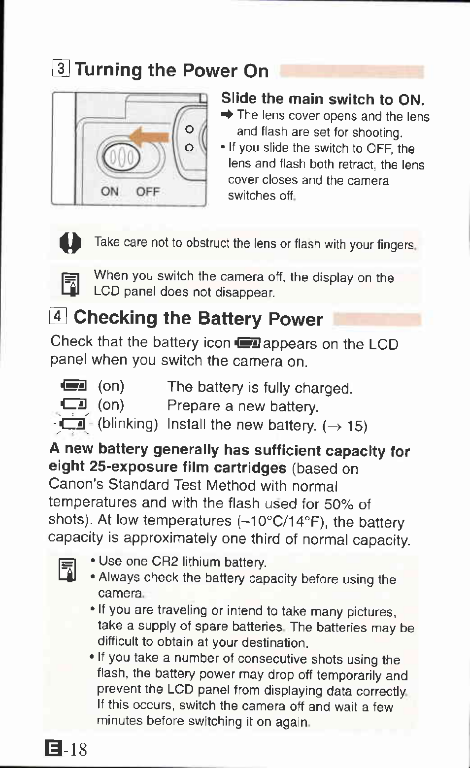 Ц] turning the power on, Slide the main switch to on, E checking the battery power | U turning the power on | Canon IXUS Z65 User Manual | Page 18 / 54