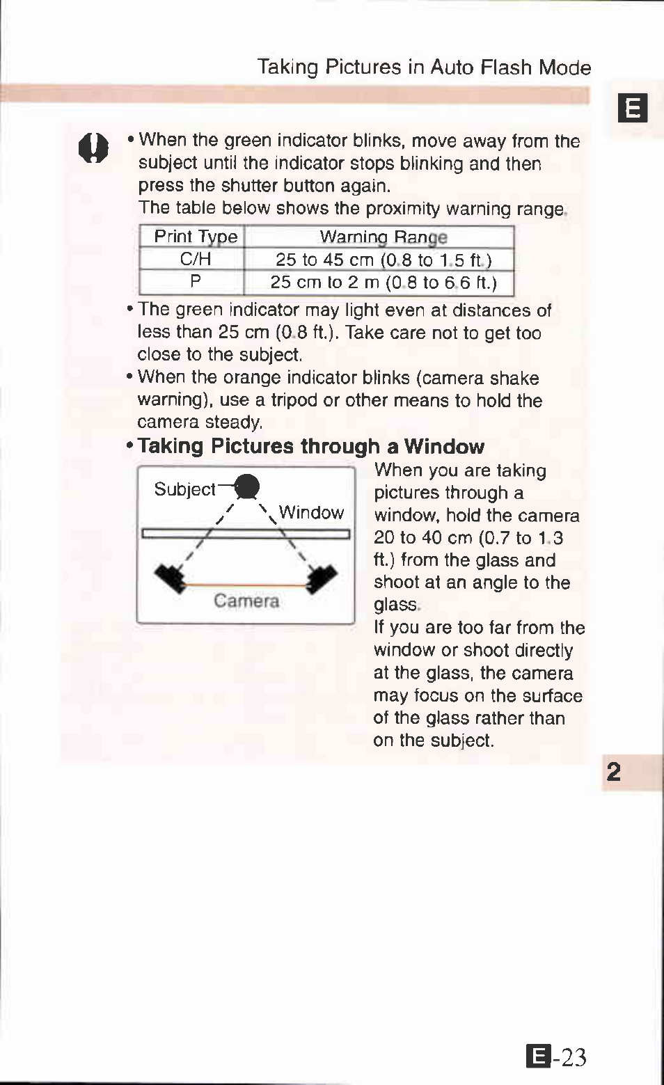 Taking pictures through a window, B-23, Taking pictures in auto fiash mode | Canon IXUS Z65 User Manual | Page 23 / 54