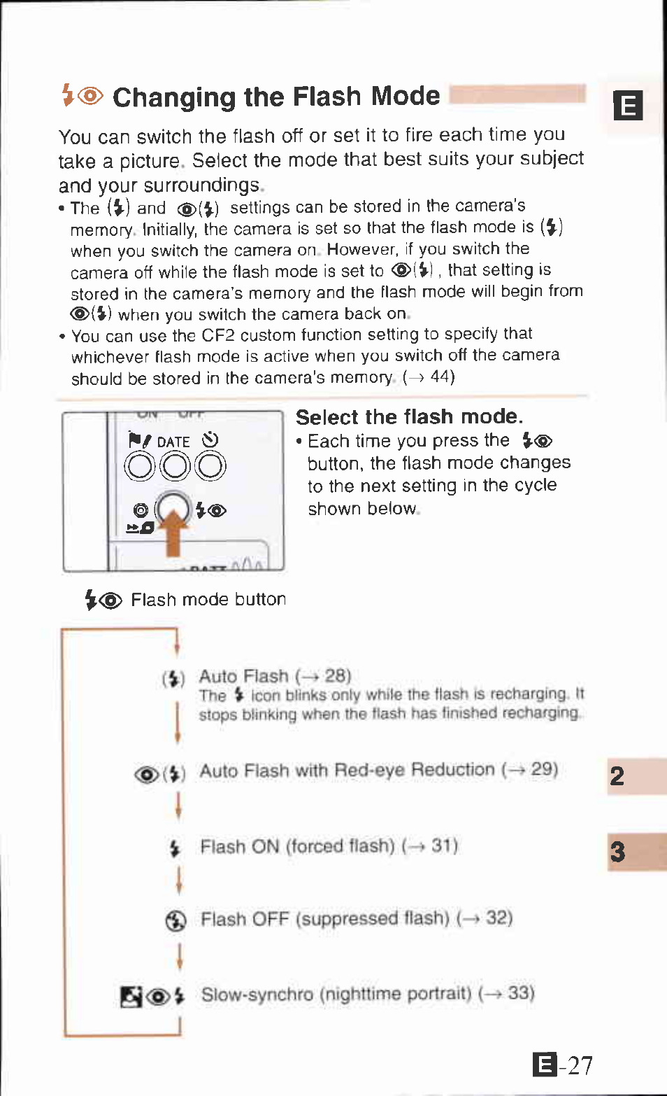 Changing the flash mode, Select the flash mode, B-27 | Canon IXUS Z65 User Manual | Page 27 / 54