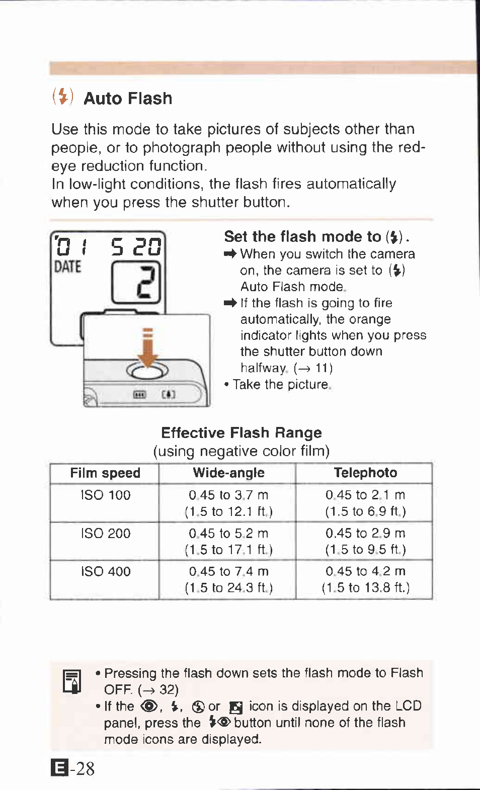 Set the flash mode to (v), Effective flash range, Auto flash | B-28 | Canon IXUS Z65 User Manual | Page 28 / 54