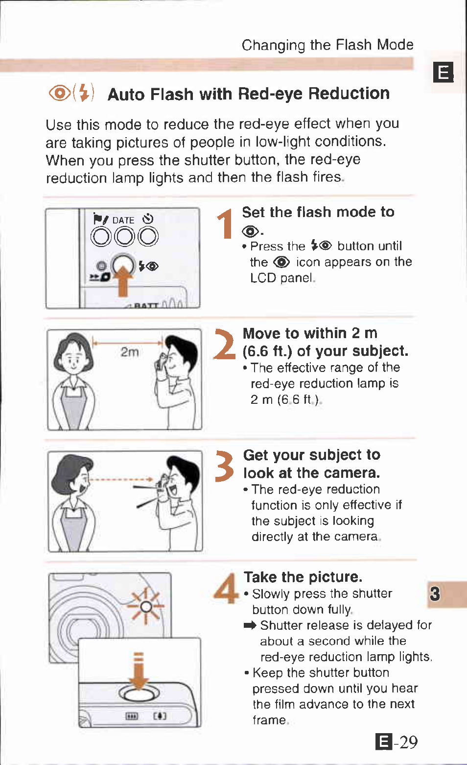 Set the flash mode to, Move to within 2 m (6.6 ft.) of your subject, Get your subject to | Look at the camera, Take the picture, B-29, Auto flash with red-eye reduction | Canon IXUS Z65 User Manual | Page 29 / 54