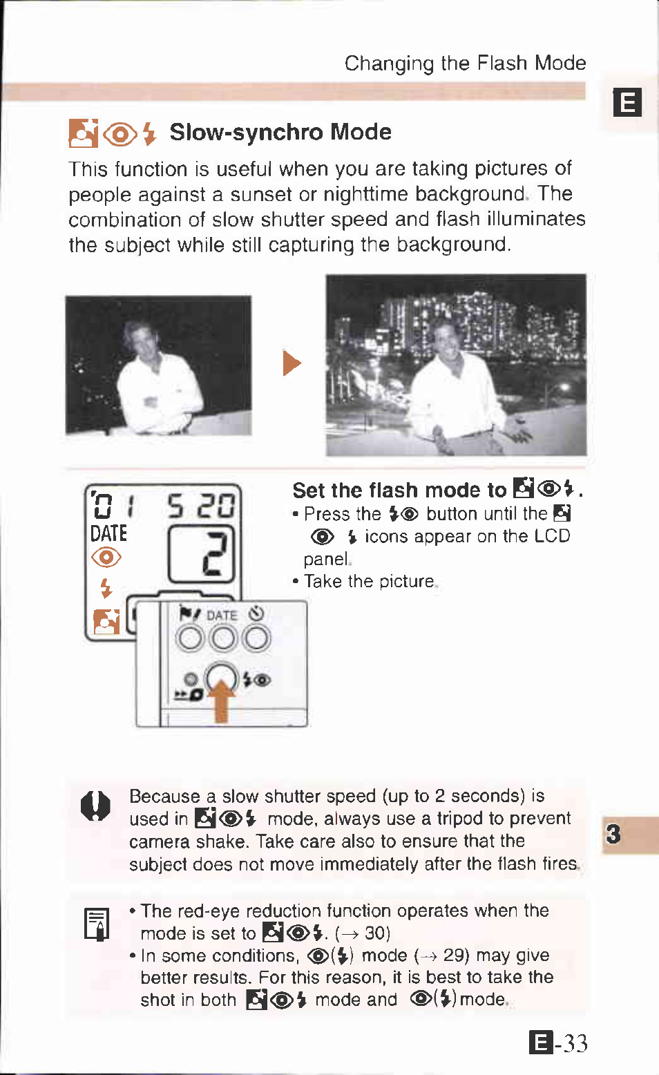 Set the flash mode to h<i>v, S<§>v slow-synchro mode | Canon IXUS Z65 User Manual | Page 33 / 54
