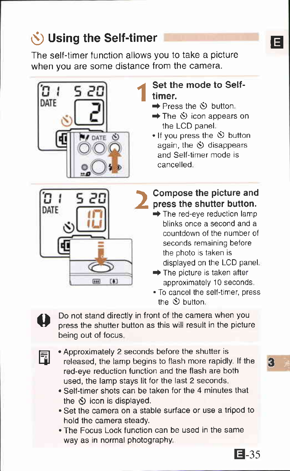 Using the self-timer, Set the mode to self- timer, Compose the picture and press the shutter button | Canon IXUS Z65 User Manual | Page 35 / 54