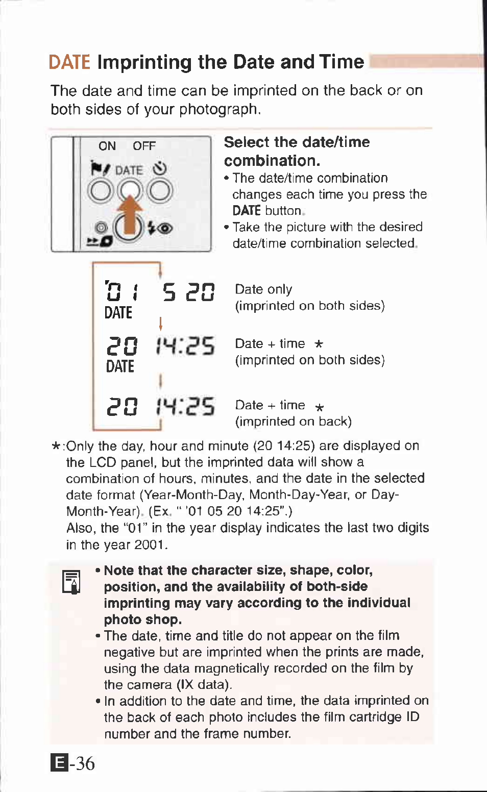 Select the date/time combination, Í^:гs, Date imprinting the date and time | Canon IXUS Z65 User Manual | Page 36 / 54