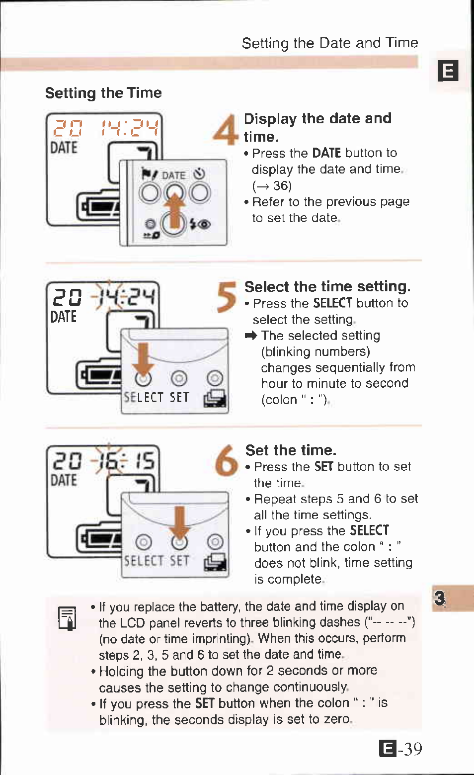 Setting the time, Display the date and • time, Select the time setting | Set the time, Setting the date and time | Canon IXUS Z65 User Manual | Page 39 / 54