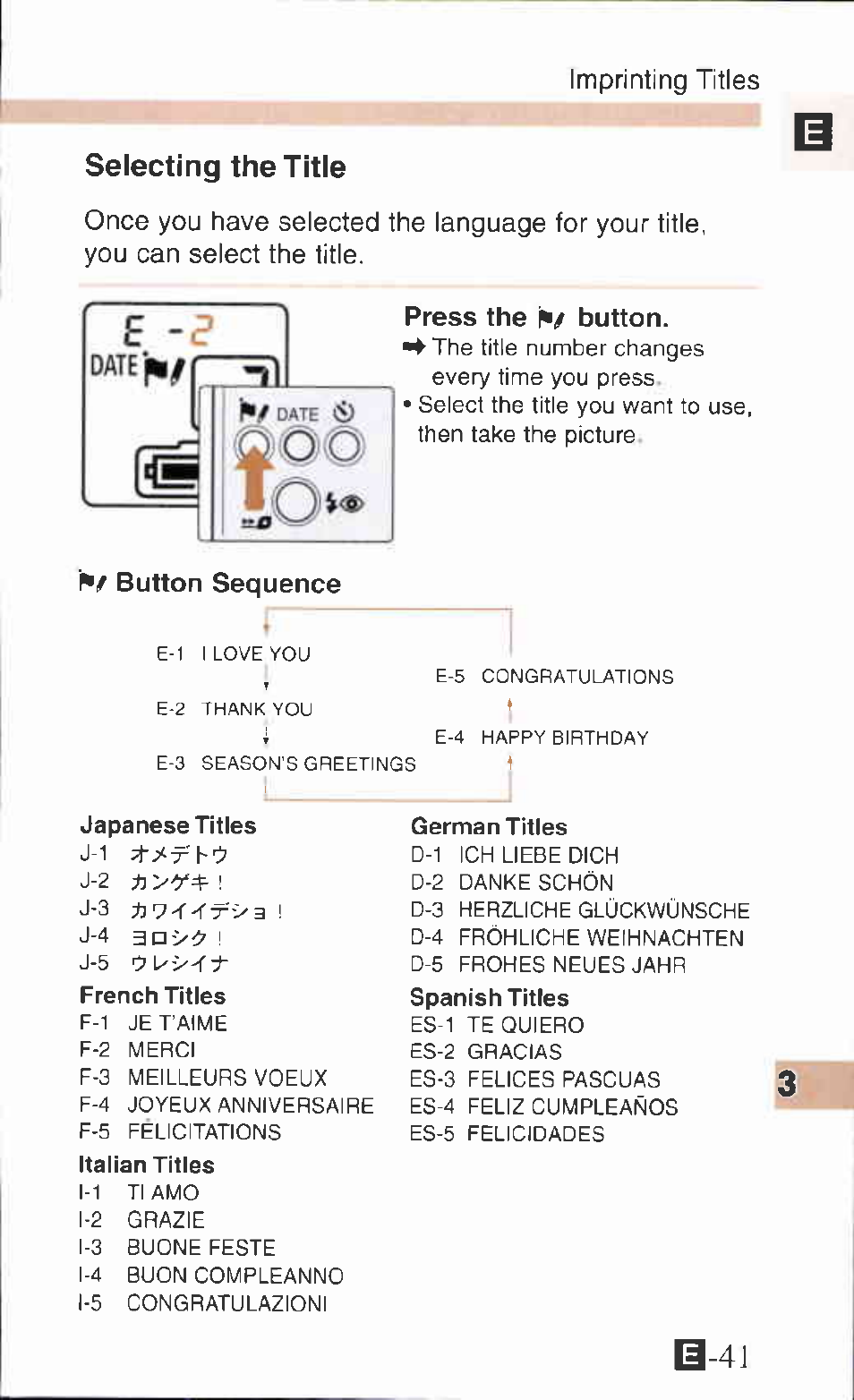 Button sequence, Press the button, Imprinting titles | Button sequence press the button, Selecting the title, Japanese titles german titles, French titles spanish titles, Italian titles | Canon IXUS Z65 User Manual | Page 41 / 54