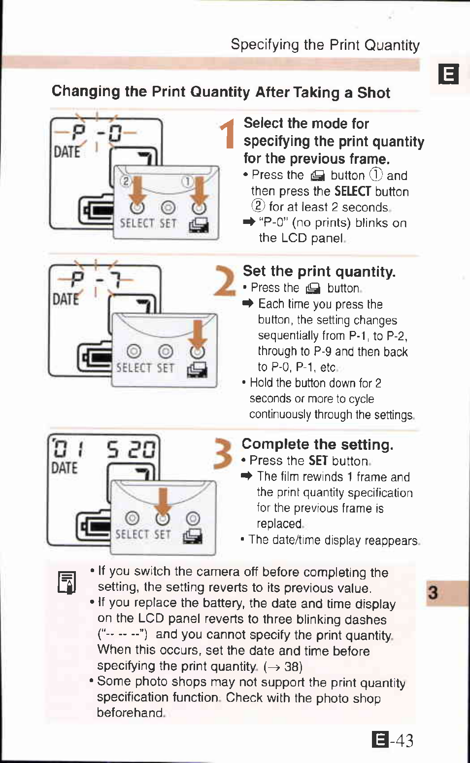 Changing the print quantity after taking a shot, Set the print quantity, Complete the setting | Canon IXUS Z65 User Manual | Page 43 / 54