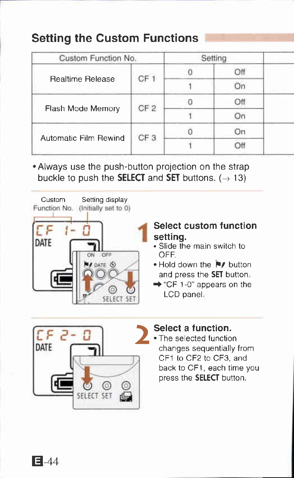Setting the custom functions, Select custom function setting, Select a function | Canon IXUS Z65 User Manual | Page 44 / 54