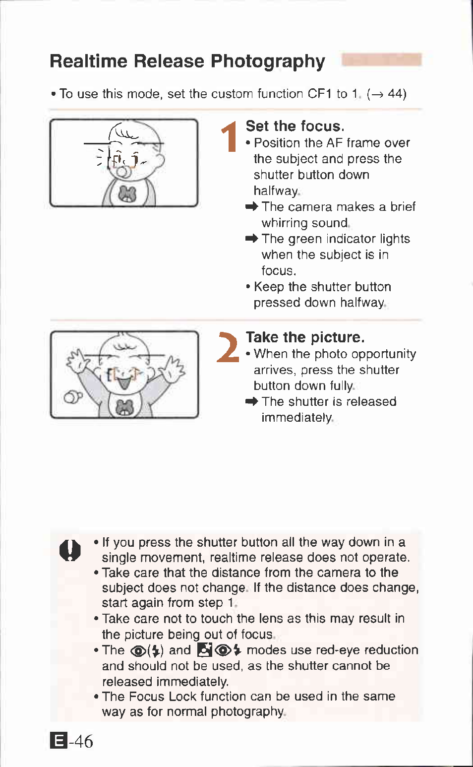 Realtime release photography, Set the focus, Take the picture | Canon IXUS Z65 User Manual | Page 46 / 54