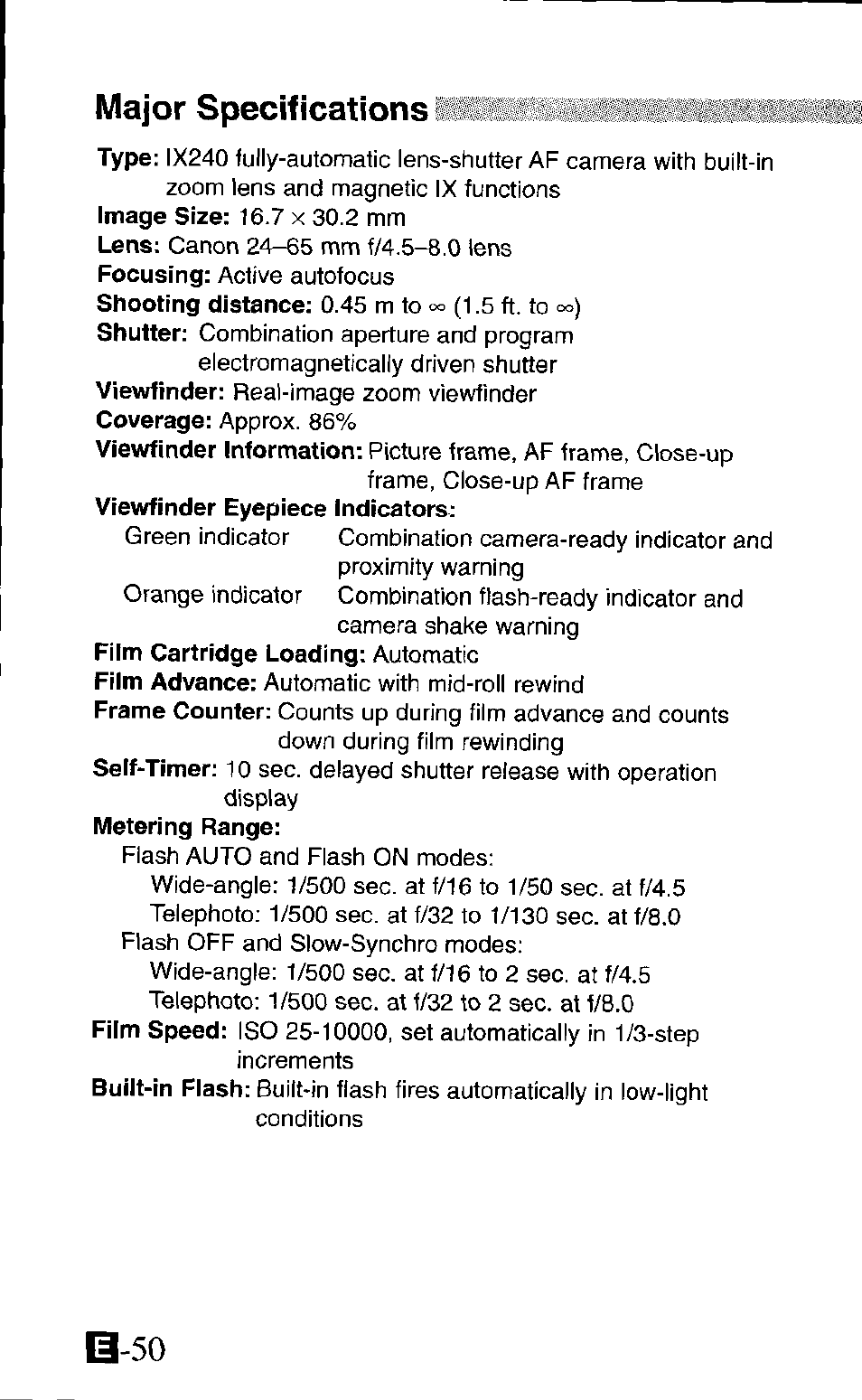 Major specifications, B-50 | Canon IXUS Z65 User Manual | Page 50 / 54