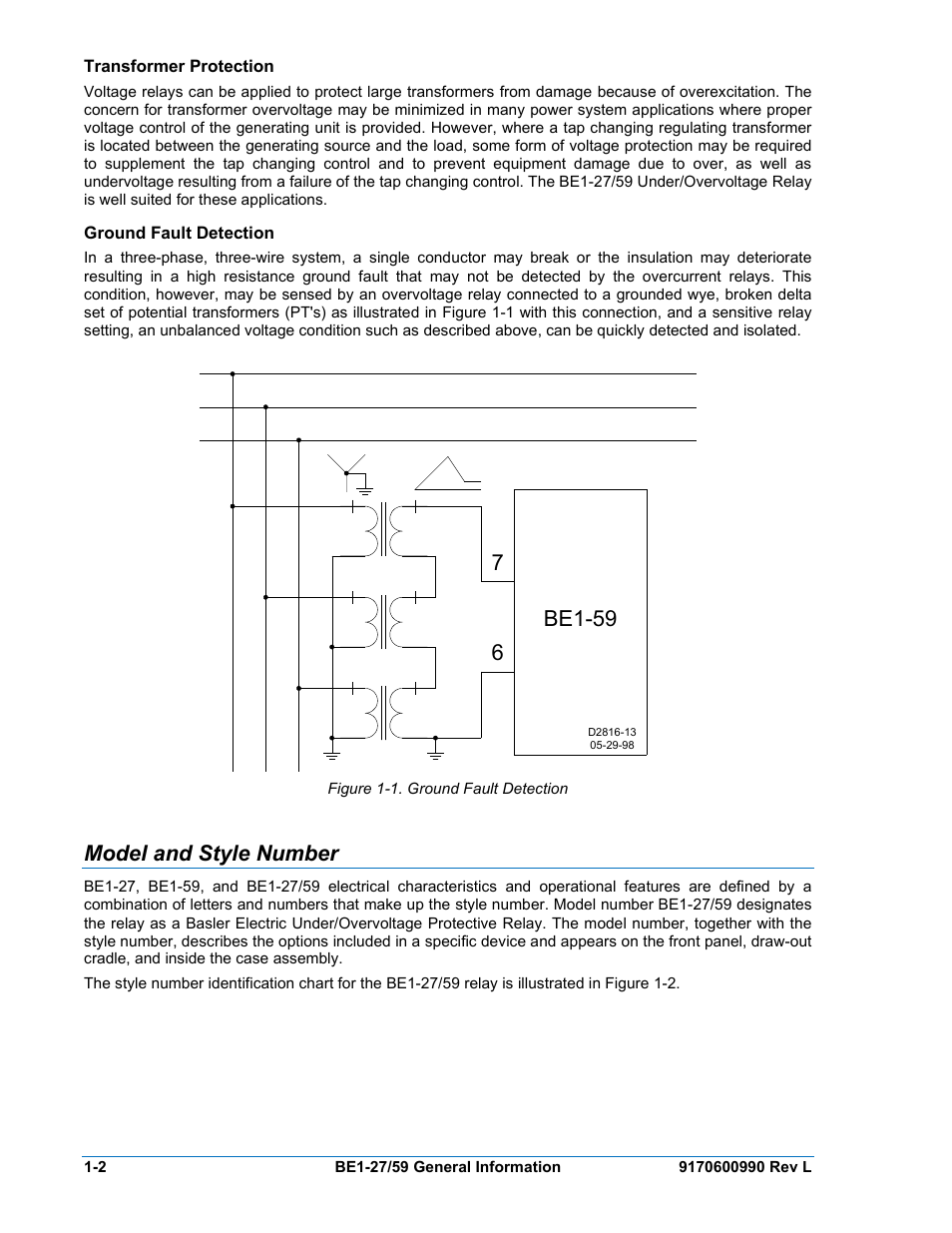 Model and style number, Transformer, Protection | Ground, Fault, Detection, Model and style number -2 | Basler Electric BE1-27 User Manual | Page 10 / 50