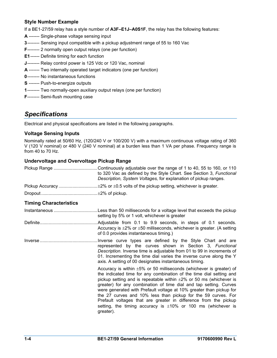 Specifications, Style, Number | Example, Voltage, Sensing, Inputs, Undervoltage and overvoltage pickup range -4, Timing, Characteristics | Basler Electric BE1-27 User Manual | Page 12 / 50