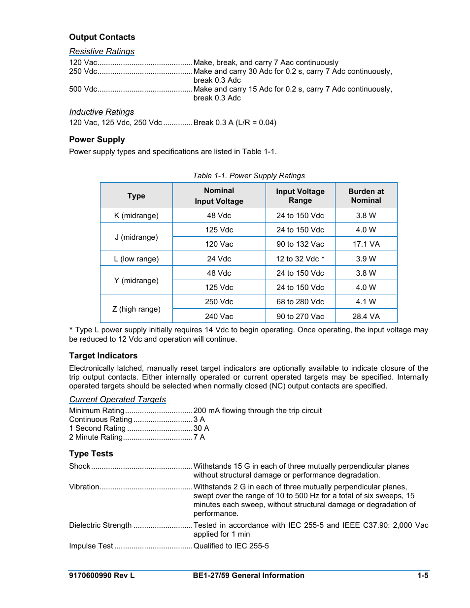 Resistive ratings, Inductive ratings, Current operated targets | Output, Contacts, Power, Supply -5, Target, Indicators, Type | Basler Electric BE1-27 User Manual | Page 13 / 50