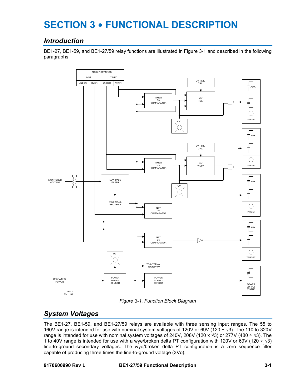 3 • functional description, Introduction, System voltages | Section 3, Functional description -1, System, Voltages | Basler Electric BE1-27 User Manual | Page 17 / 50