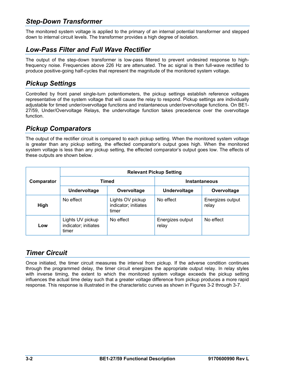 Step-down transformer, Low-pass filter and full wave rectifier, Pickup settings | Pickup comparators, Timer circuit, Step-down, Transformer, Low-pass filter and full wave rectifier -2, Pickup, Settings | Basler Electric BE1-27 User Manual | Page 18 / 50