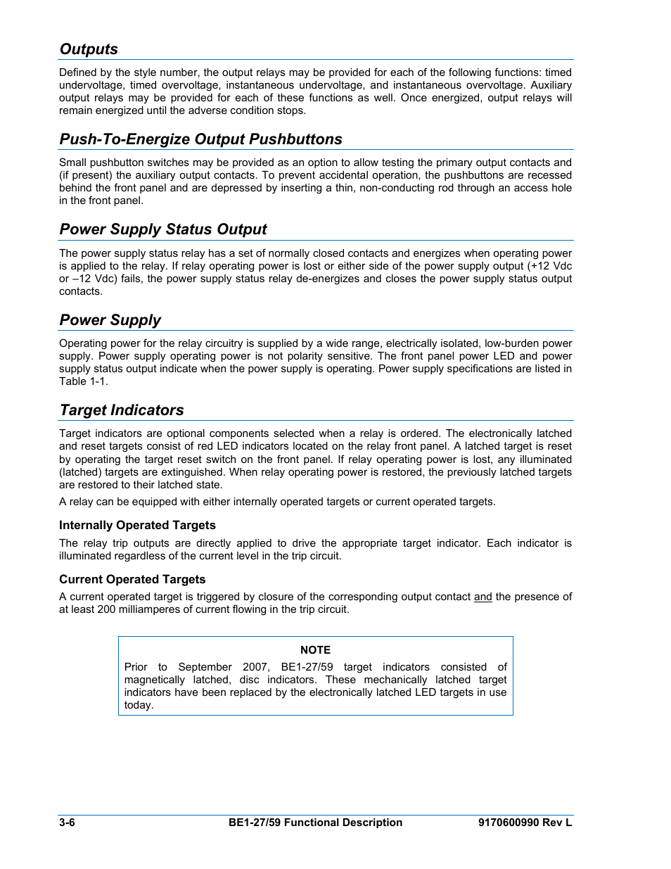 Outputs, Push-to-energize output pushbuttons, Power supply status output | Power supply, Target indicators, Push-to-energize output pushbuttons -6, Power supply status output -6, Power, Supply, Target | Basler Electric BE1-27 User Manual | Page 22 / 50