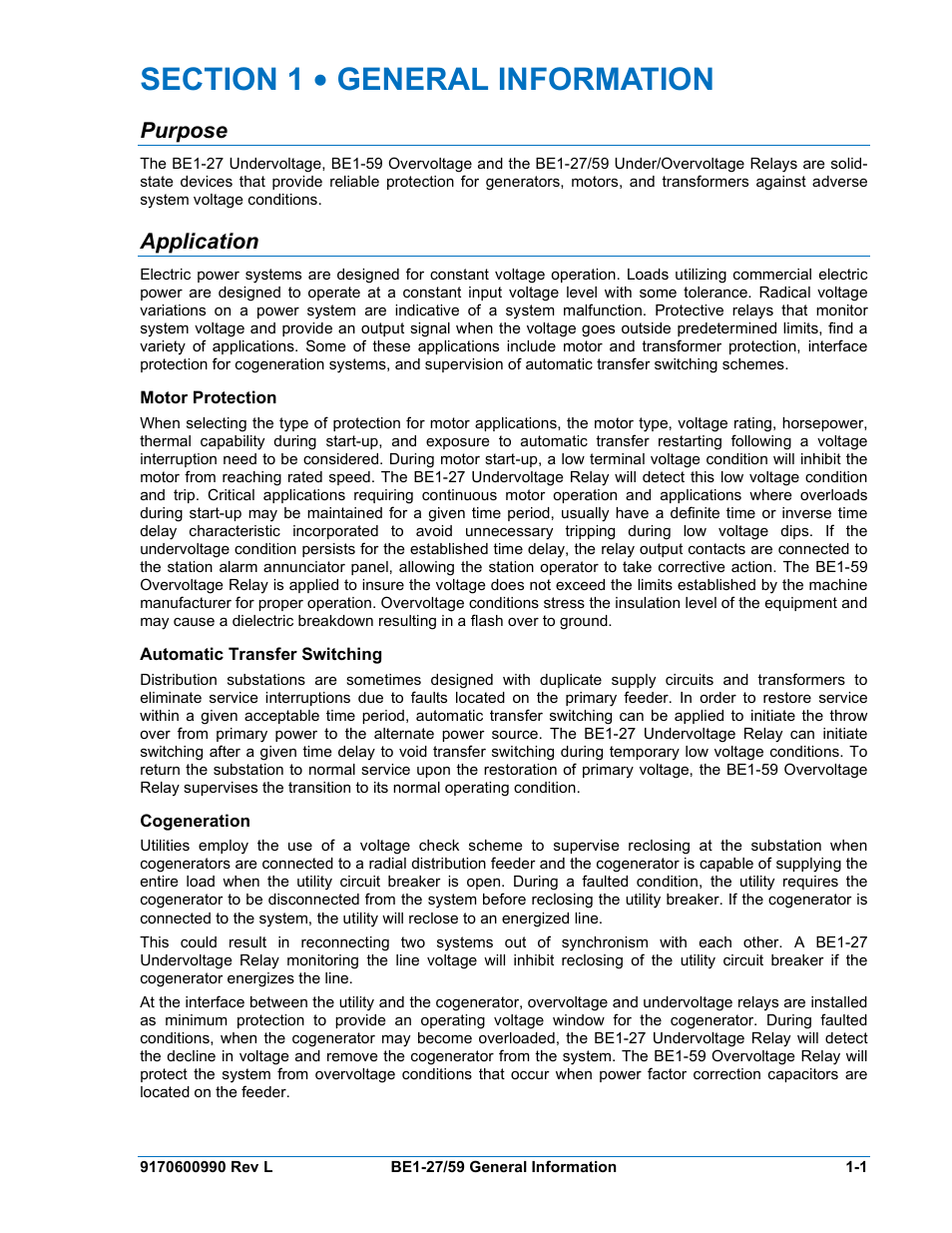 1 • general information, Purpose, Application | Section 1, General information -1, Motor, Protection, Automatic, Transfer, Switching | Basler Electric BE1-27 User Manual | Page 9 / 50