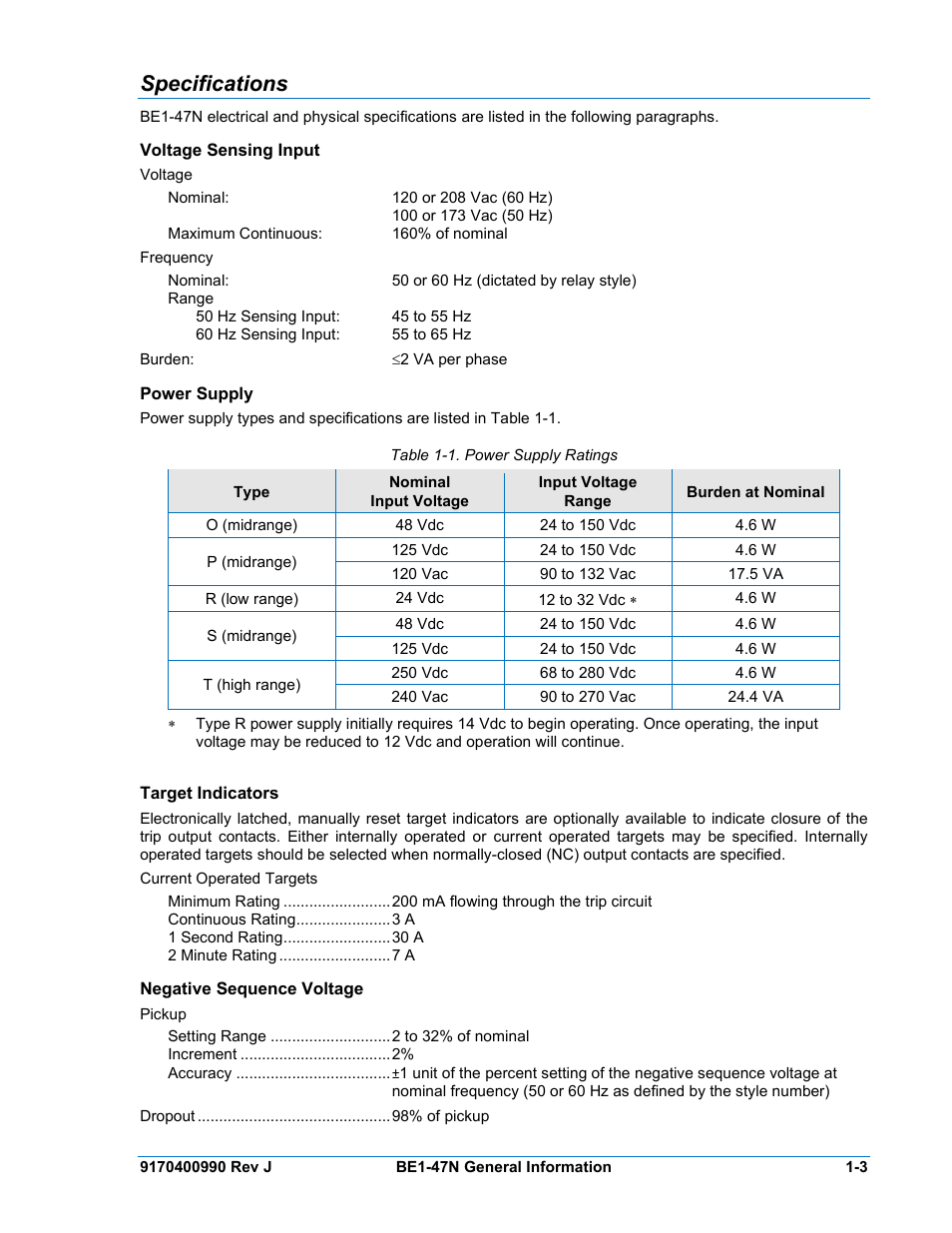 Specifications, Voltage sensing input, Power supply | Target indicators, Negative sequence voltage | Basler Electric BE1-47N User Manual | Page 11 / 42
