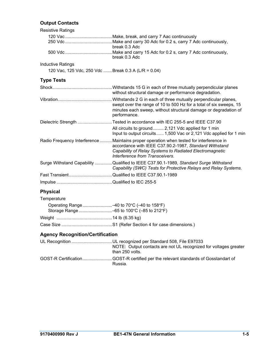 Output contacts, Type tests, Physical | Agency recognition/certification | Basler Electric BE1-47N User Manual | Page 13 / 42