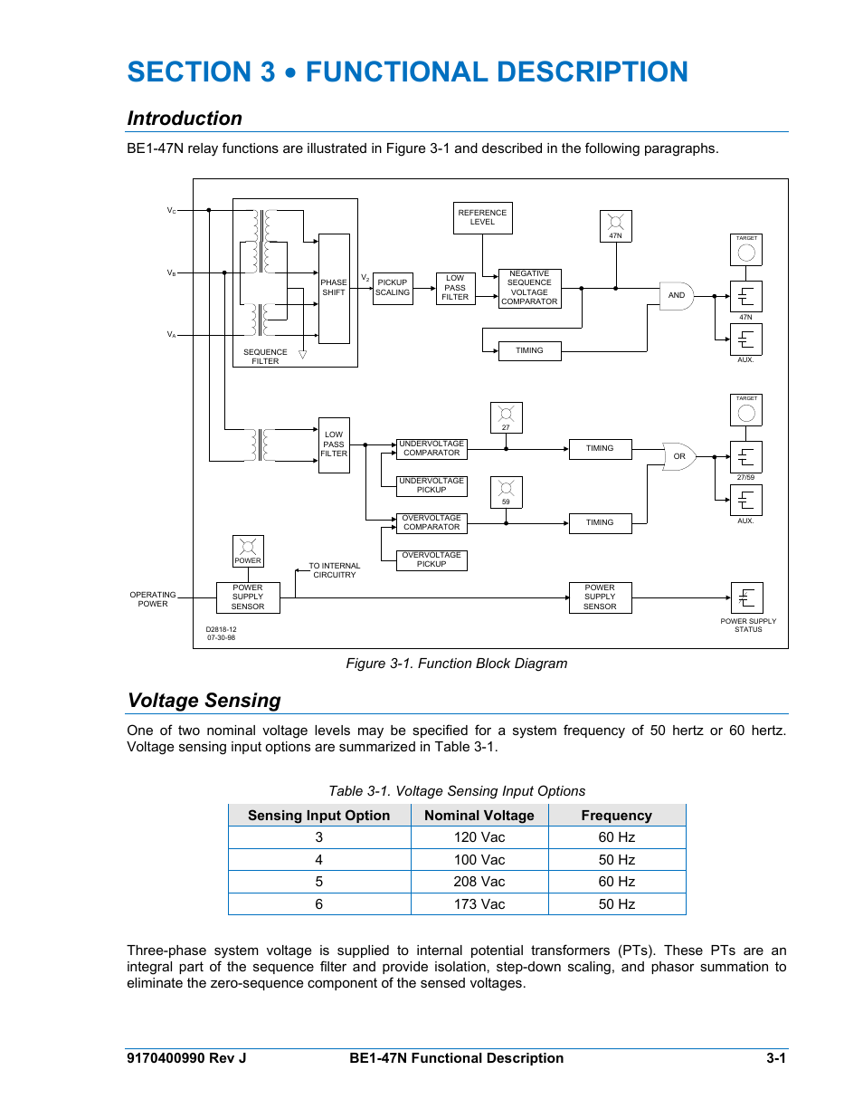 3 • functional description, Introduction, Voltage sensing | Section 3, Functional description -1 | Basler Electric BE1-47N User Manual | Page 17 / 42