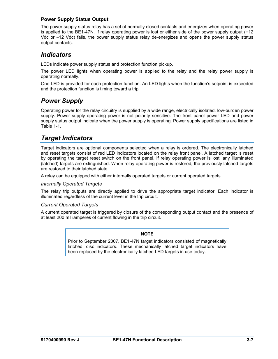 Power supply status output, Indicators, Power supply | Target indicators, Internally operated targets, Current operated targets | Basler Electric BE1-47N User Manual | Page 23 / 42