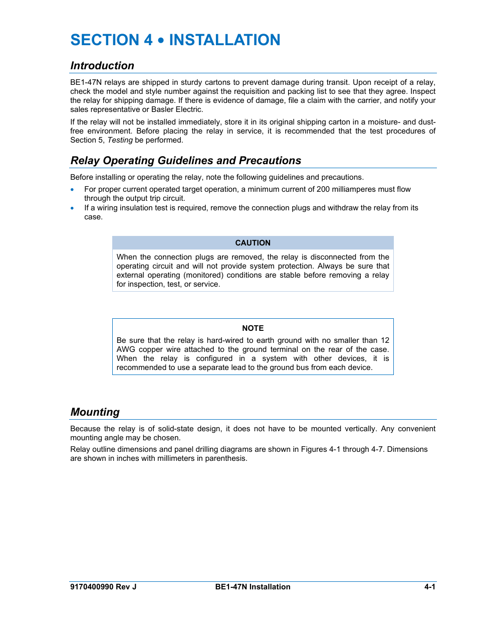 4 • installation, Introduction, Relay operating guidelines and precautions | Mounting, Section 4, Installation -1 | Basler Electric BE1-47N User Manual | Page 25 / 42