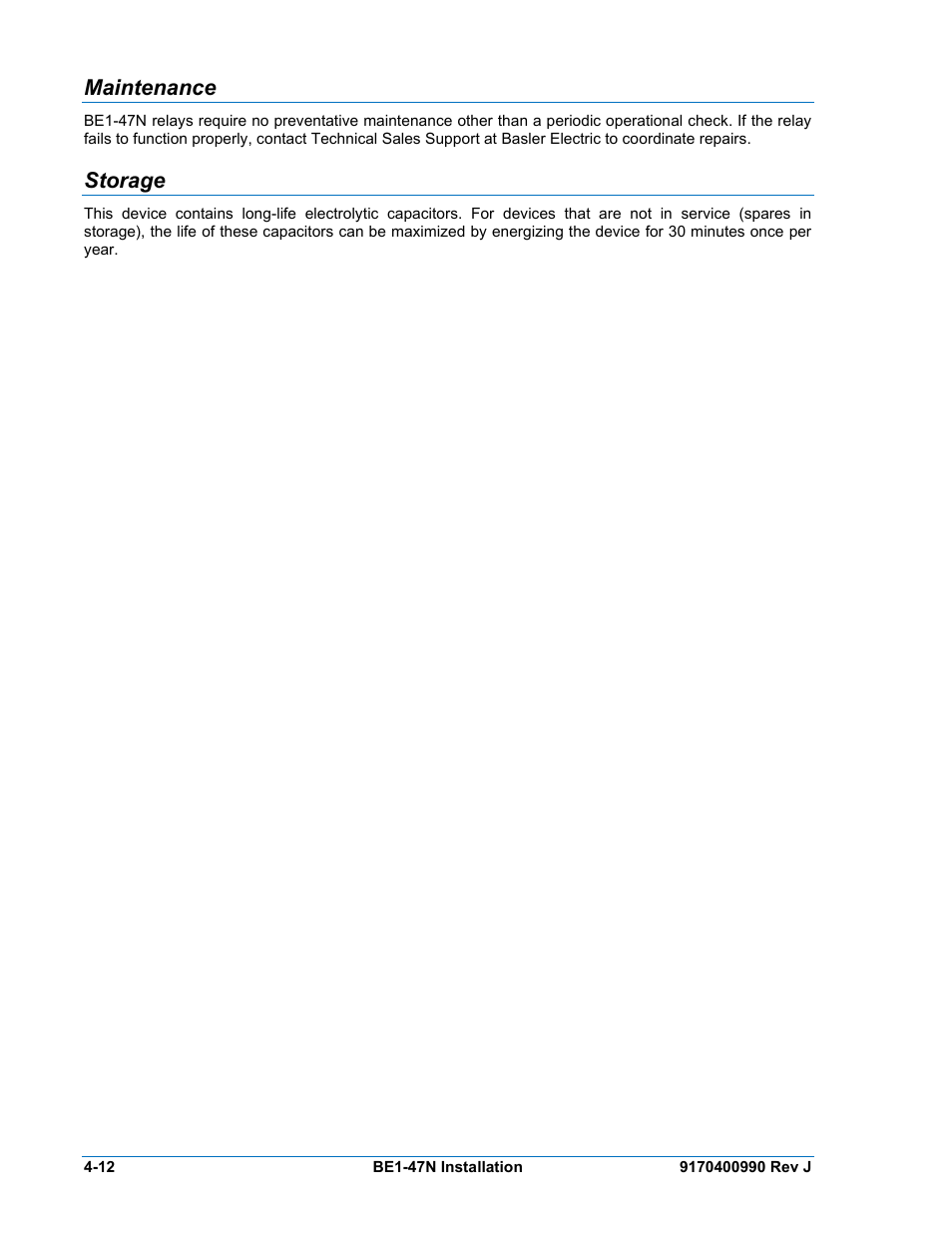 Maintenance, Storage | Basler Electric BE1-47N User Manual | Page 36 / 42