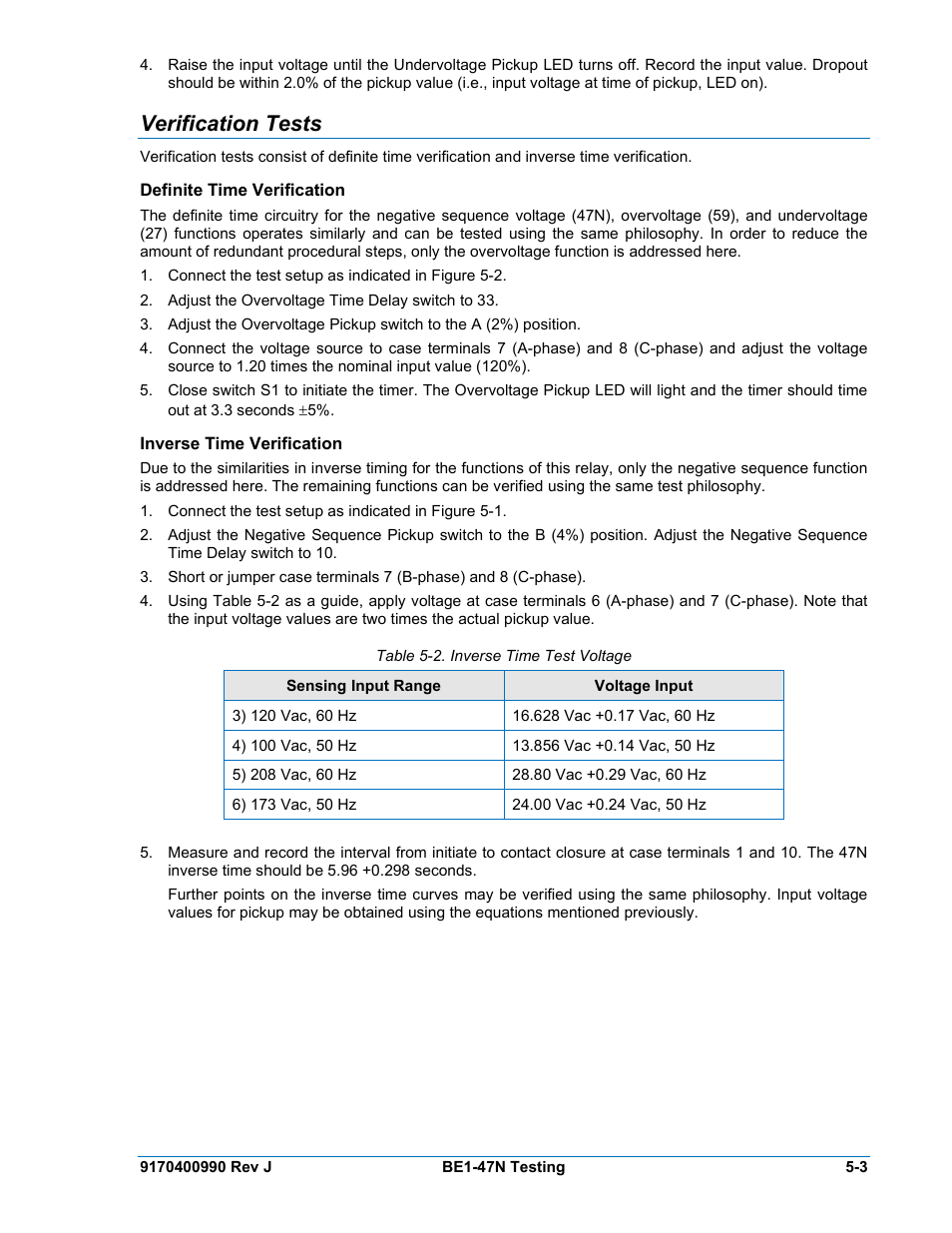 Verification tests, Definite time verification, Inverse time verification | Basler Electric BE1-47N User Manual | Page 39 / 42
