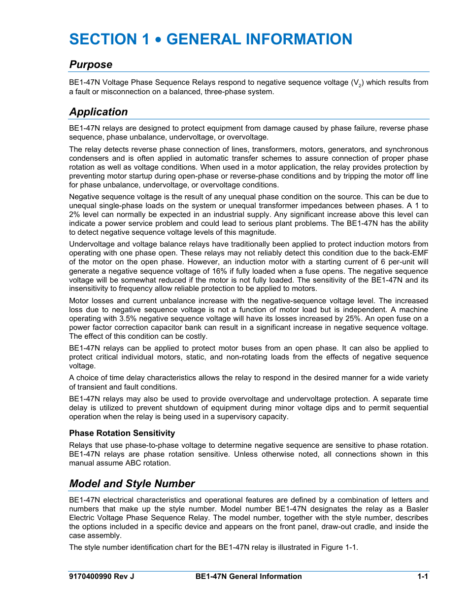1 • general information, Purpose, Application | Phase rotation sensitivity, Model and style number, Section 1, General information -1 | Basler Electric BE1-47N User Manual | Page 9 / 42