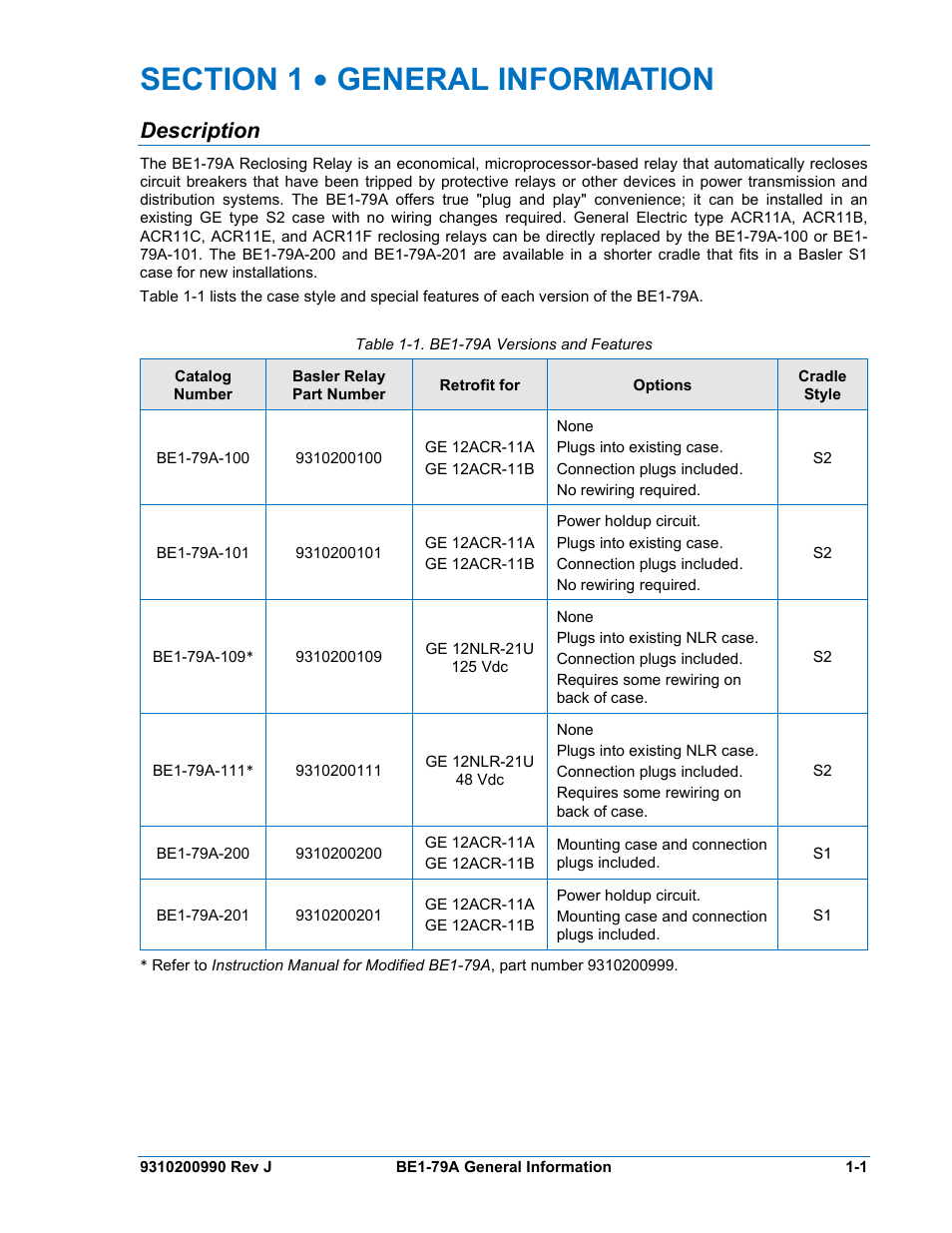 Description, Section 1 • general information -1, Description -1 | Table 1-1. be1-79a versions and features | Basler Electric BE1-79A User Manual | Page 11 / 72