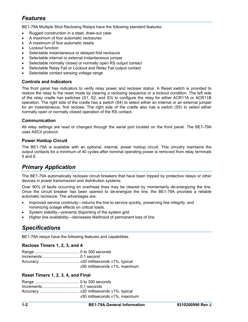 Features, Controls and indicators, Communication | Power holdup circuit, Primary application, Specifications, Reclose timers 1, 2, 3, and 4, Reset timers 1, 2, 3, 4, and final, Features -2, Controls and indicators -2 | Basler Electric BE1-79A User Manual | Page 12 / 72