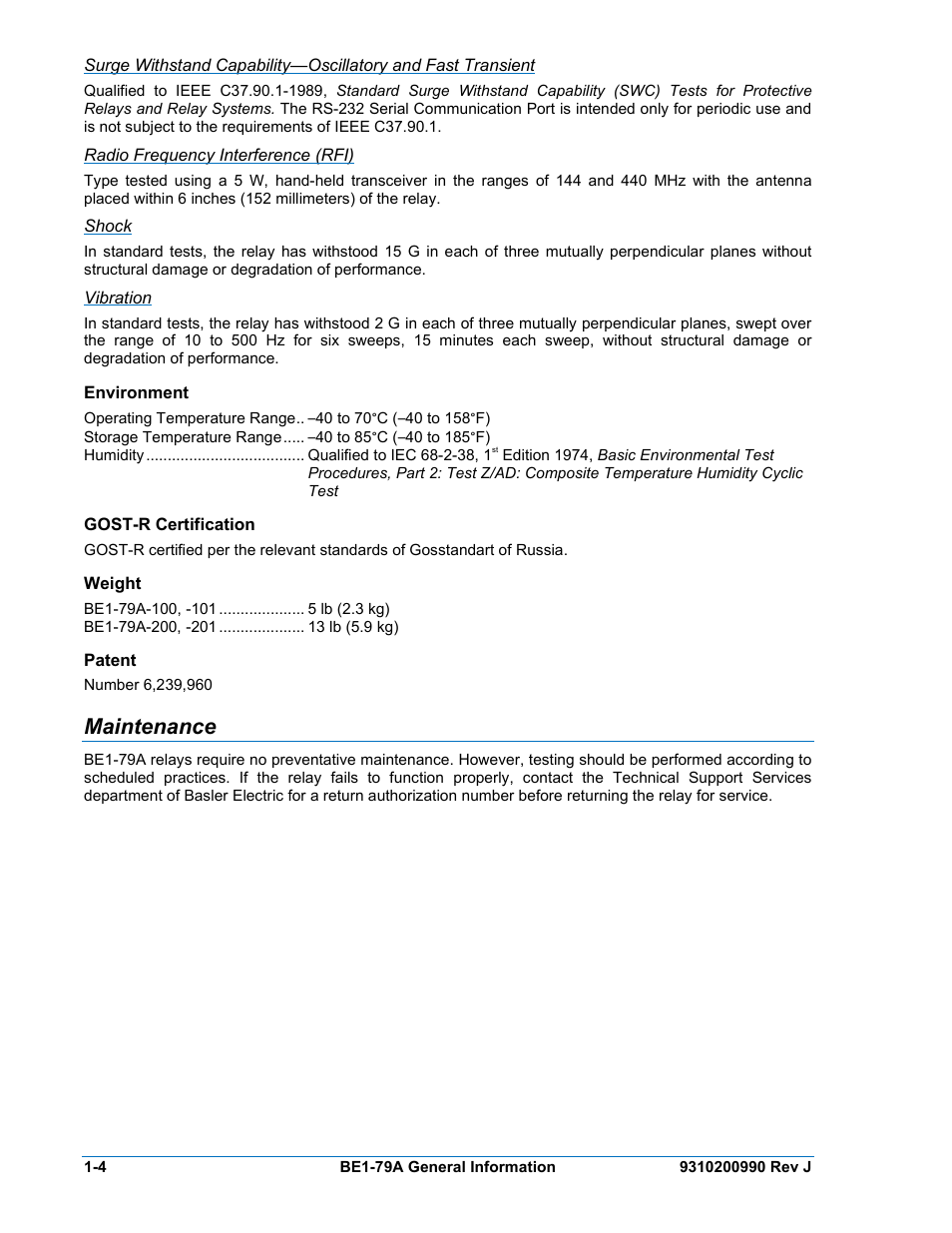 Radio frequency interference (rfi), Shock, Vibration | Environment, Gost-r certification, Weight, Patent, Maintenance, Environment -4, Gost-r certification -4 | Basler Electric BE1-79A User Manual | Page 14 / 72