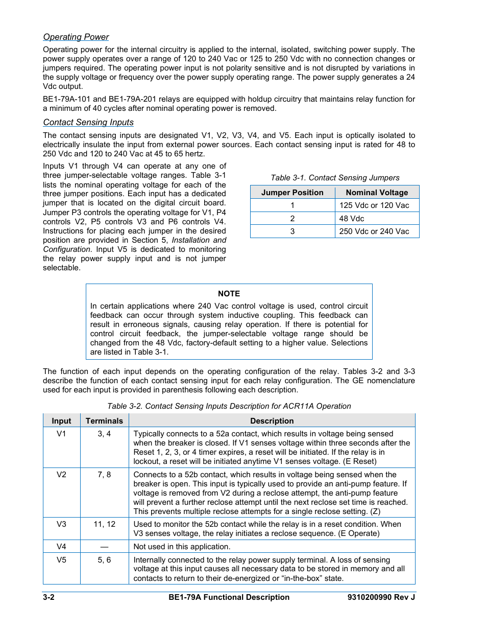 Operating power, Contact sensing inputs, Table 3-1. contact sensing jumpers | Basler Electric BE1-79A User Manual | Page 24 / 72