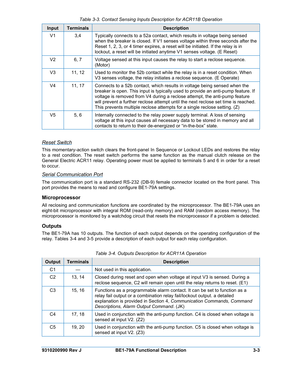Reset switch, Serial communication port, Microprocessor | Outputs, Microprocessor -3, Outputs -3 | Basler Electric BE1-79A User Manual | Page 25 / 72