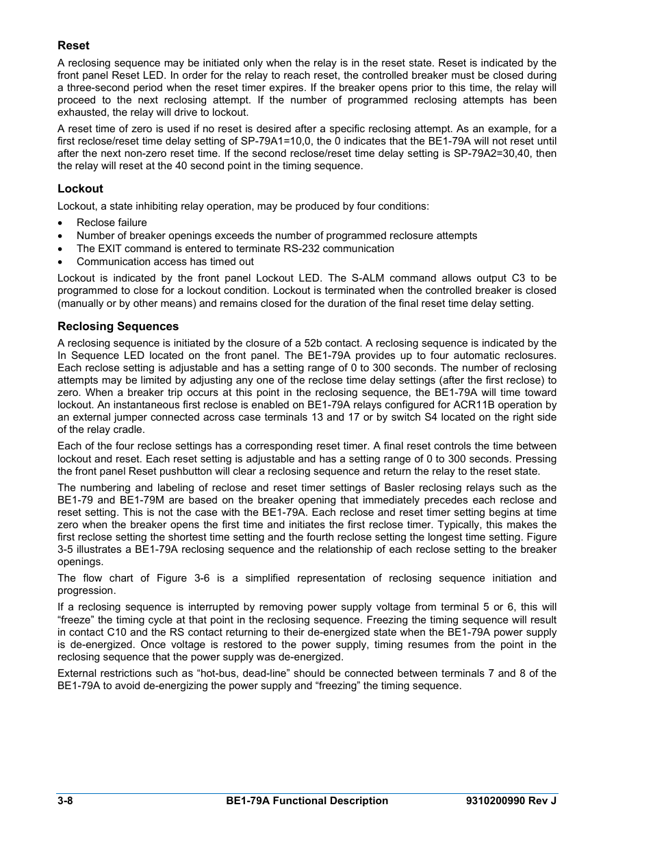 Reset, Lockout, Reclosing sequences | Reset -8, Lockout -8, Reclosing sequences -8 | Basler Electric BE1-79A User Manual | Page 30 / 72