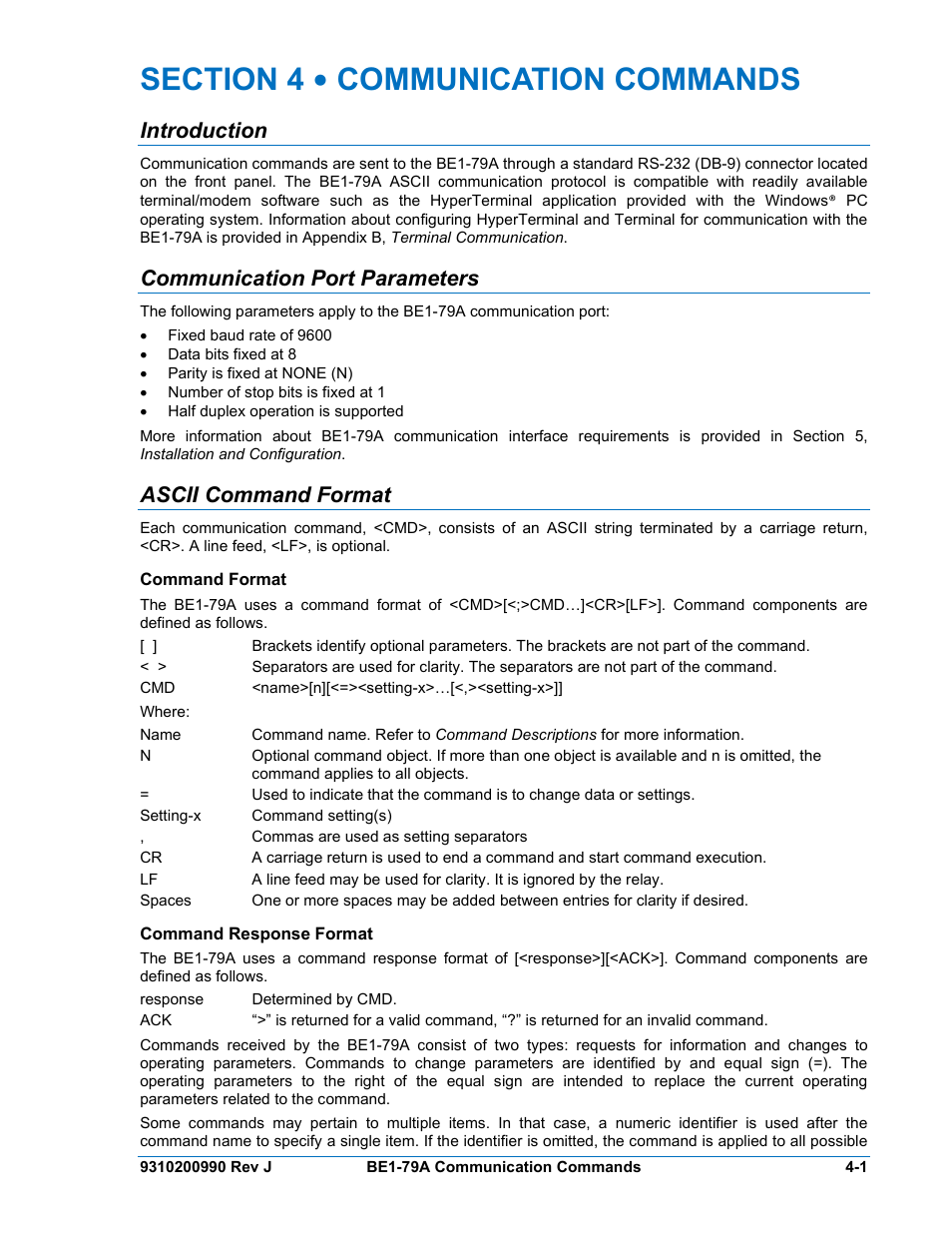 Introduction, Communication port parameters, Ascii command format | Command format, Command response format, Section 4 • communication commands -1, Introduction -1, Communication port parameters -1, Ascii command format -1, Command format -1 | Basler Electric BE1-79A User Manual | Page 35 / 72