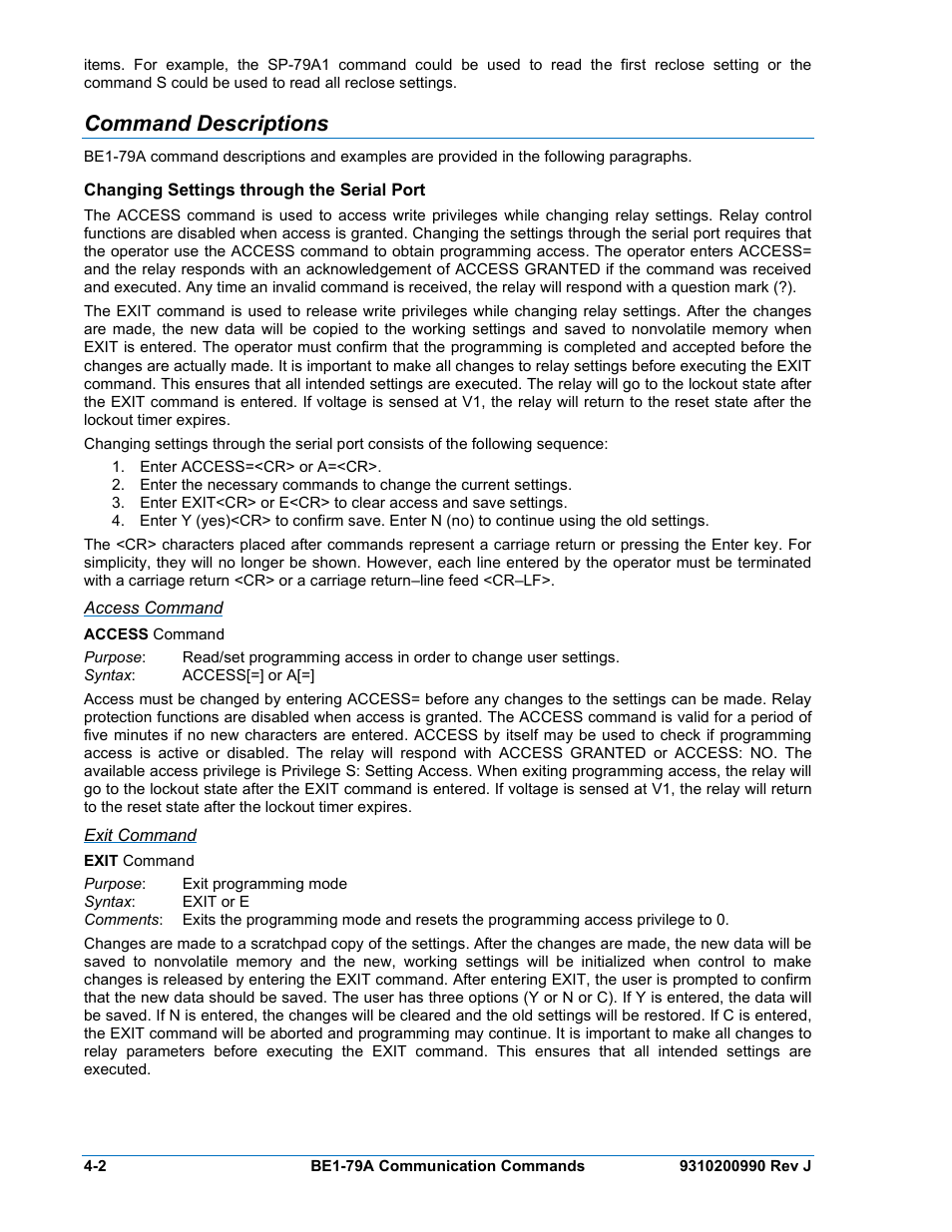 Command descriptions, Changing settings through the serial port, Access command | Exit command, Command descriptions -2, Changing settings through the serial port -2 | Basler Electric BE1-79A User Manual | Page 36 / 72