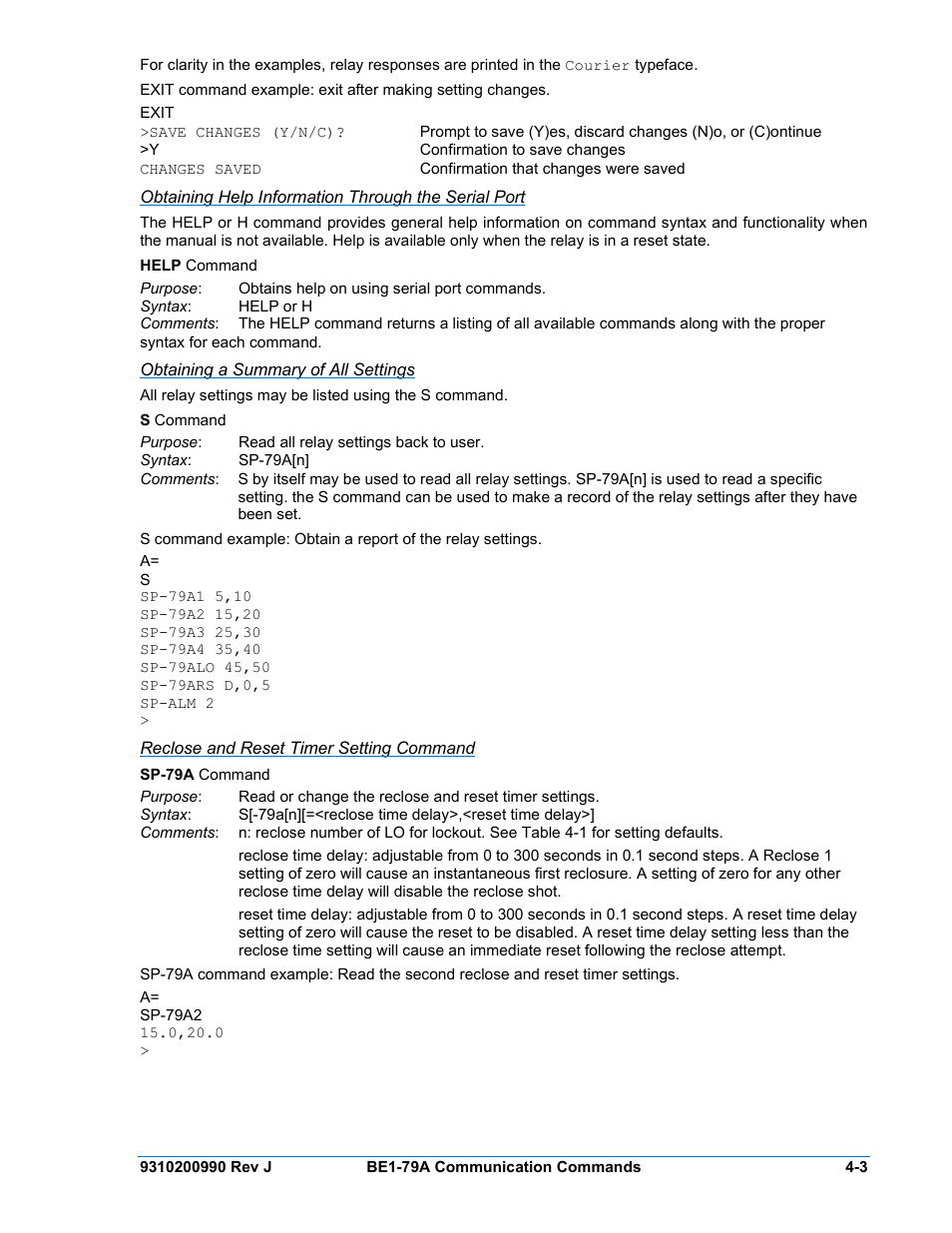 Obtaining help information through the serial port, Obtaining a summary of all settings, Reclose and reset timer setting command | Basler Electric BE1-79A User Manual | Page 37 / 72