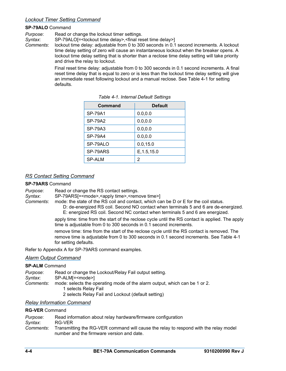 Lockout timer setting command, Rs contact setting command, Alarm output command | Relay information command, Table 4-1. internal default settings | Basler Electric BE1-79A User Manual | Page 38 / 72