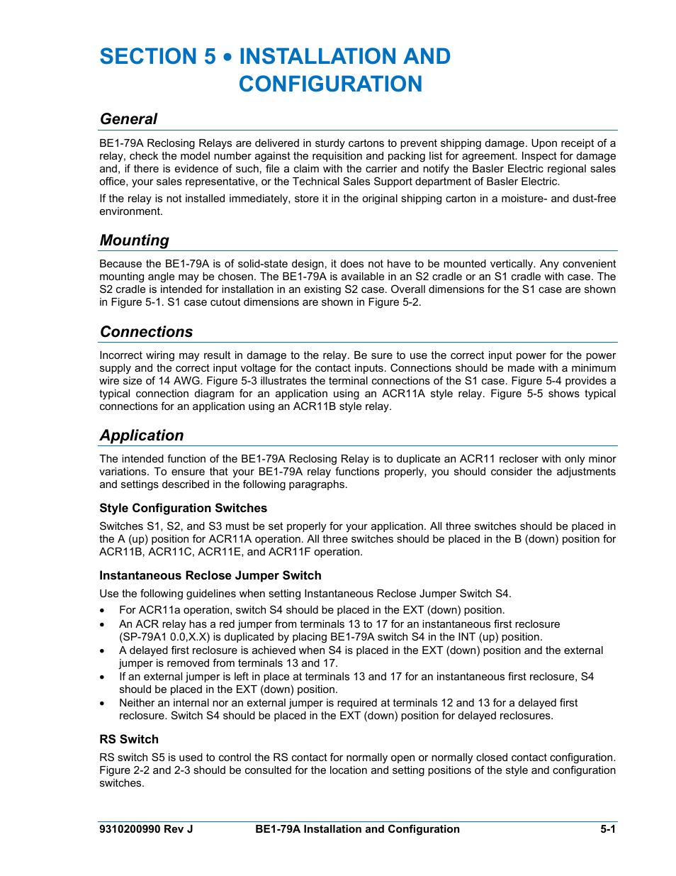 General, Mounting, Connections | Application, Style configuration switches, Instantaneous reclose jumper switch, Rs switch, Section 5 • installation and configuration -1, General -1, Mounting -1 | Basler Electric BE1-79A User Manual | Page 41 / 72