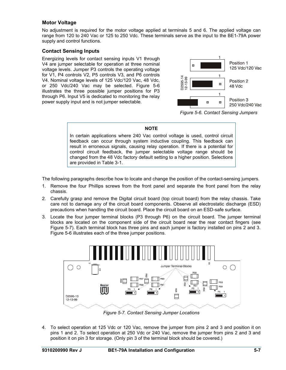 Motor voltage, Contact sensing inputs, Motor voltage -7 | Contact sensing inputs -7, Figure 5-6. contact sensing jumpers, Figure 5-7. contact sensing jumper locations | Basler Electric BE1-79A User Manual | Page 47 / 72