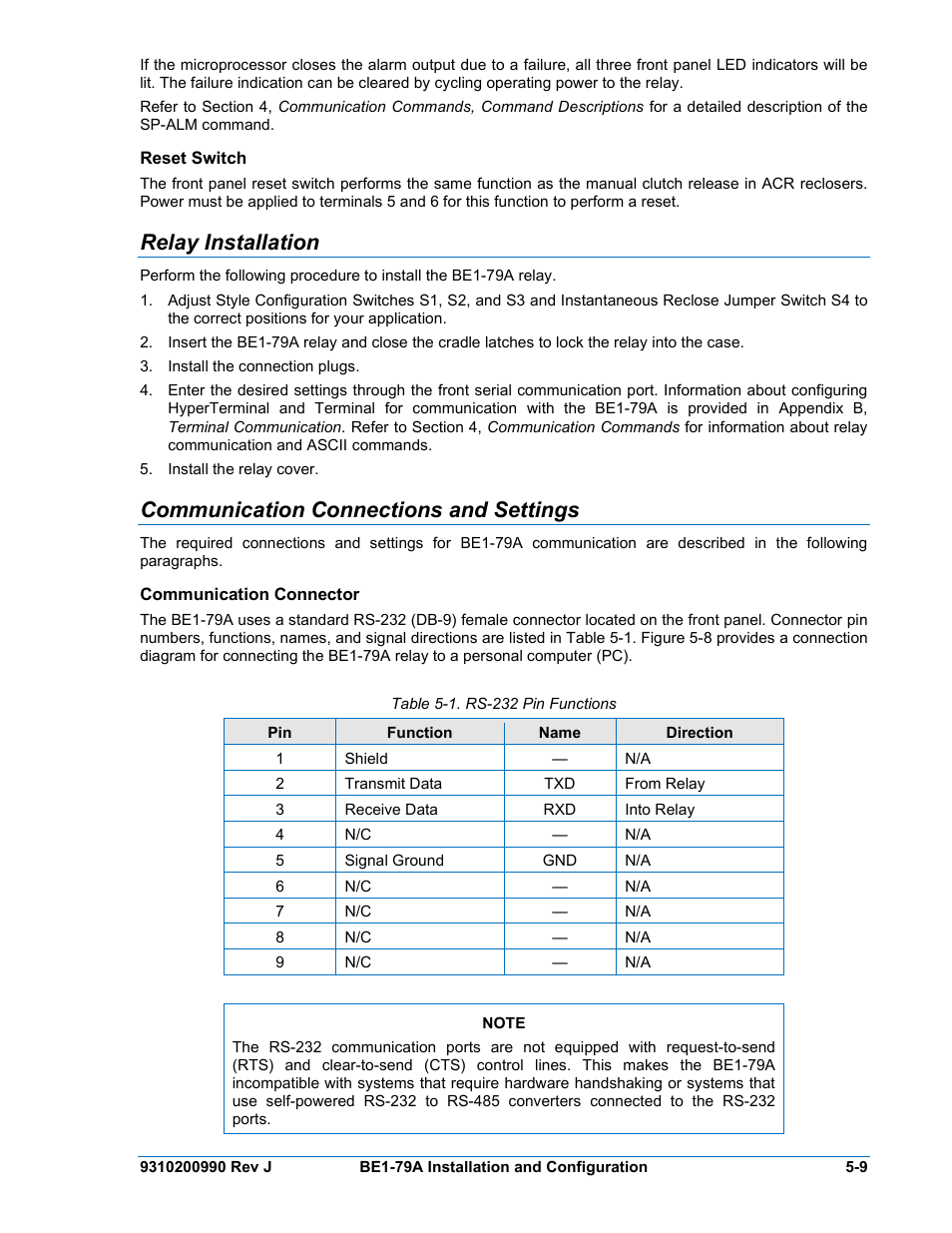 Reset switch, Relay installation, Communication connections and settings | Communication connector, Reset switch -9, Relay installation -9, Communication connections and settings -9, Communication connector -9, Table 5-1. rs-232 pin functions | Basler Electric BE1-79A User Manual | Page 49 / 72